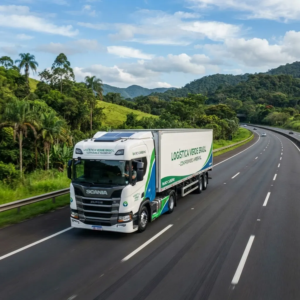 Caminhão de cargas moderno em rodovia arborizada, representando transporte sustentável