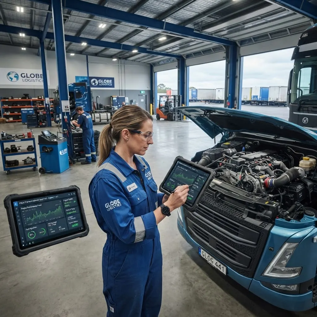 Técnico inspecionando motor de caminhão com tablet mostrando dados de manutenção preditiva