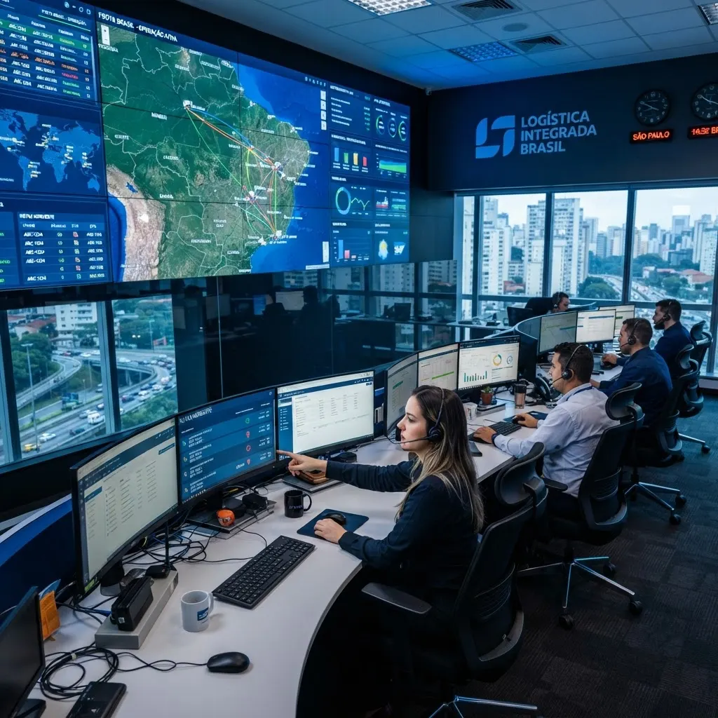Sala de torre de controle logístico monitorando rastreamento de frota em tempo real