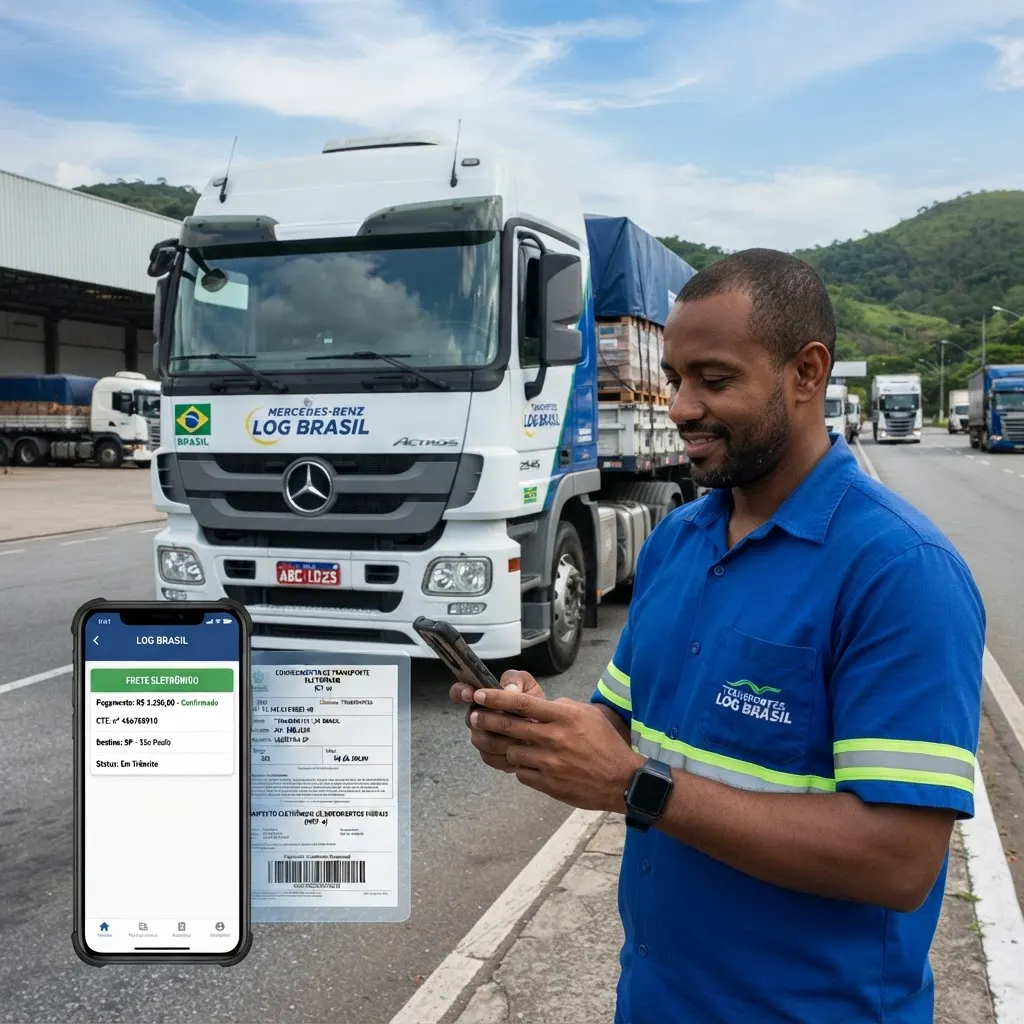 Motorista de caminhão usando aplicativo digital de gestão de frete ao lado do veículo