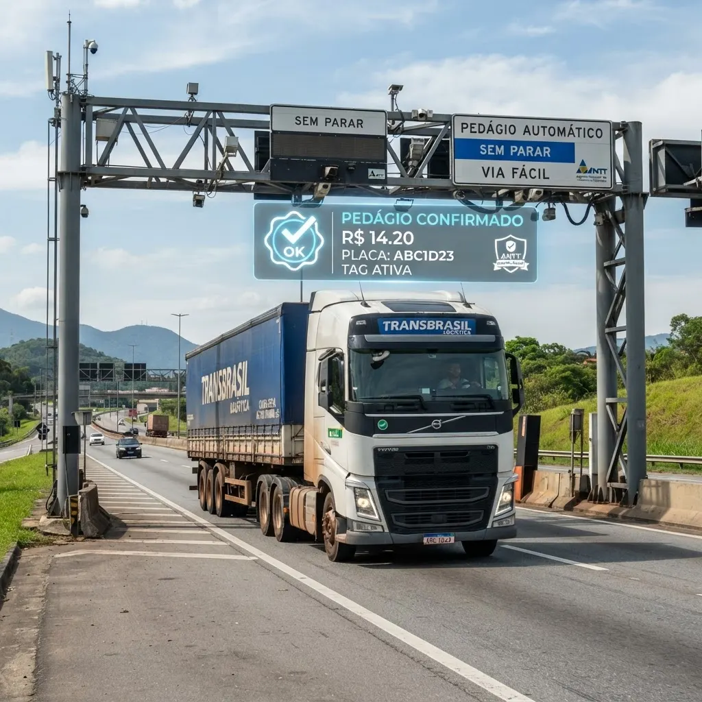Caminhão de cargas passando por praça de pedágio eletrônico em rodovia de São Paulo